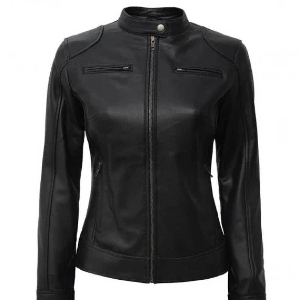 NWOT Black Womens Lambskin Leather Racer Jacket